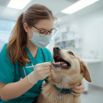Veterinária atendendo cachorro